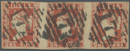O Indien: 1854 Lithographed 1a. Red, Die I, Horizontal Strip Of Three, Left Hand Stamp With Retouched Chignon, Right Han - Autres & Non Classés