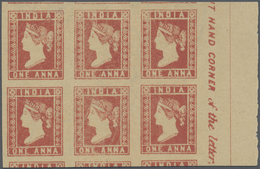 (*) Indien: 1854 Lithographed 1a. Red, Die II, Horizontal Block Of Six With Inscribed Sheet Margin At Right, With Part O - Other & Unclassified