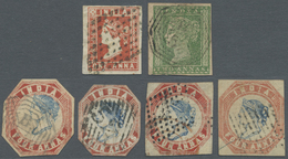 O Indien: 1854-55 Six Imperforated QV Stamps Used, With 1a. Red (diamond Of Dots, Full Margins, Lightly Thinned), 2a. Gr - Other & Unclassified