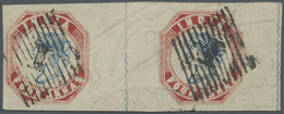 /O Indien: 1854 Lithographed 4a. Blue & (deep) Red, Horizontal Pair From 2nd Printing, Sheet Pos. 1+2, Wmk Inverted, Use - Altri & Non Classificati