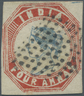 O Indien: 1854-55 Lithographed 4a. Blue & Red, 4th Printing, Sheet Pos. 15 With Part Of Sheet's Center Cross At Top Righ - Other & Unclassified
