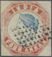 O Indien: 1854-55 Lithographed 4a. Blue & Red, 4th Printing, Sheet Pos. 1, Used And Cancelled By Diamond Of Dots, Cut Sq - Altri & Non Classificati