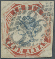 O Indien: 1854-55 Lithographed 4a. Blue & Red, 5th Printing, Sheet Pos. 3, Used In Jackatallah And Cancelled By Numeral - Other & Unclassified