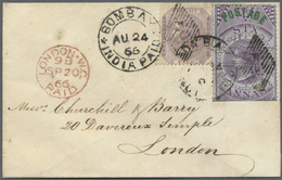 Br Indien: 1866 Provisional 6a. Purple In Combination With 8p. Mauve On Small Cover From Bombay To London, Tied By "BOMB - Other & Unclassified