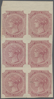 (*) Indien: 1866 "WEST INDIA" Essay 4a Rose-carmine On Unwatermarked Paper, Top Marginal Vertical Block Of Six, Stamp At - Other & Unclassified