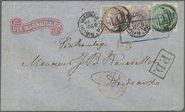 Br Indien: 1868 "VIA MARSEILLES" Printed Envelope Sent From Madras To Bordeaux, Franked QV 1866 4a., 1a. And 8p. Tied By - Autres & Non Classés
