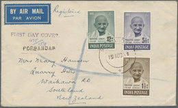 Indien: 1948 (15 Aug.): GANDHI FDC From PORBANDAR (Mahatma Gandhi's Birthplace) As Registered Airmail Cover To New Zeala - Autres & Non Classés