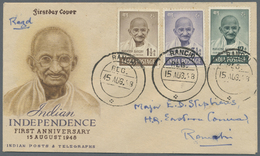 Indien: 1948 GANDHI FDC From Ranchi: Illustrated Gandhi Envelope With The Three Small Gandhi Stamps (to 12a.) Used Regis - Autres & Non Classés