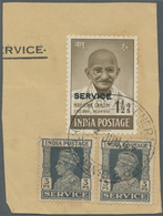 Indien - Dienstmarken: 1948 GANDHI-Officials: 1½a. Brown And Two Singles Of KGVI. 3p. Officials Tied With Fine Strike Of - Official Stamps