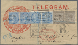 Br Indien - Used Abroad: ADEN 1884: Registered Telegram To Mauritius Franked With India QV 1a6p. Pair And Two Pairs Of ½ - Other & Unclassified