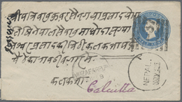 GA Indien - Used Abroad: NEPAL 1878: Indian Postal Stationery Envelope ½a. Blue Used From Nepal To Calcutta, Cancelled B - Autres & Non Classés