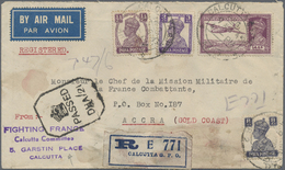 Br Indien - Feldpost: 1943. Registered Air Mail Envelope (small Stains) Headed 'Fighting France/Calcutta Committee/5 Gar - Franchise Militaire