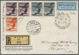 Br Indien - Flugpost: 1933: Registered Picture Postcard From Vienna To RANGOON By Imperial Airways In India, Franked Wit - Airmail