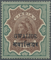 * Indien - Konventionalstaaten: GWALIOR 1899: QV 3r. Brown & Green, Ovpt. "GWALIOR" 13 Mm Long, Mint Lightly Hinged, Fin - Autres & Non Classés