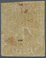 (*) Iran: 1876, Lion Issue 4 Kr. Yellow Type C, Vertical Laid Paper, Mint No Gum With Two Red Ink Spots, Closed To Full - Iran