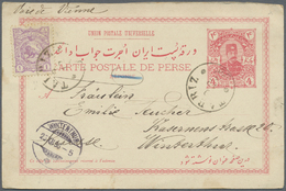 GA Iran: 1896, Postal Stationery Card 4 Chahis Carmine Used Uprated With 1 Ch. Violet Cancelled By Tabriz Cds. To Switze - Iran