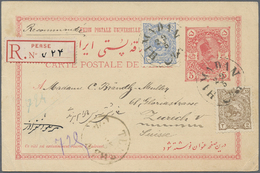 GA Iran: 1898. Registered Persian Postal Stationery Card 5ch Rose Upgraded With Yvert 89, 2c Bistre And Yvert 94, 10ch B - Iran