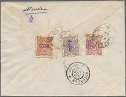 GA Iran: 1899. Registered Postal Stationery Envelope 5c Yellow Upgraded With Yvert 90a, 3c Violet, Yvert 91a, 4c Scarlet - Iran