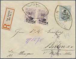 GA Iran: 1905. Registered Postal Stationery Envelope 6c Ultramarine Upgraded With Yvert 233, 1c On 1k Violet (pair) Tied - Iran