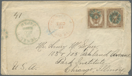 Br Japan: 1876, The Green TOKEI Cover: Old Koban 5 S. Brown Horizontal Pair Canc. Small Green Flower Of Tokyo With Large - Altri & Non Classificati