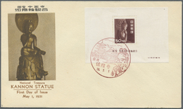 Japan: 1951 (1.5.), Kannon Statue Miniature Sheet 50.00yen Used On First Day Cover With Special Red Postmark (Sakura 60. - Autres & Non Classés