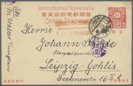 GA Japanische Post In China: 1916, UPU Card 4 Sen Canc. "TSINGTAU 16.10.19" Via Kobe2 To Leipzig/Germany, Vermillion Two - 1943-45 Shanghai & Nanchino