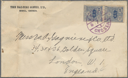 Br Japanische Post In Korea: 1923. Envelope (small Faults/bend) Addressed To London Bearing Japan SG 163, 10s Blue (pair - Military Service Stamps