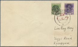 Br Japanische Besetzung  WK II - Burma: 1942, Mayaungmya Overprinded 3 P. Bright Violett And 9 P. Yellow-green, Tied By - Myanmar (Birmanie 1948-...)