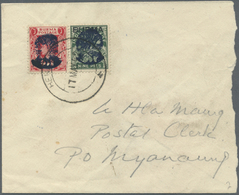 Br Japanische Besetzung  WK II - Burma: 1942, Henzada Overprinded 9 P. Deep Green And Oiffical Stamp 2 P. Carmine, Tied - Myanmar (Birmanie 1948-...)