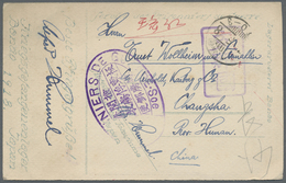 Lagerpost Tsingtau: Bando, 1918, Camp Printers Office Pentecost Ppc With Large Oval Camp Seal And Large Boxed Violet Rou - Chine (bureaux)