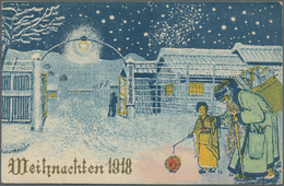 Lagerpost Tsingtau: Bando, 1918, Camp Printer (Lagerdruckerei) Multicolour Greeting Card "Weihnachten 1918" Showing Sant - Chine (bureaux)