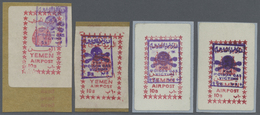 ** Jemen - Königreich: 1967, Handstamp Provisionals 10b. Red On White Four Stamps On Seld-adhesive Labels Incl. Two On T - Yemen