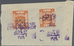 Jordanien: 1919, Two Single 5 M. Orange On Oiece Tied By Violet Threeliner "MARKAZ AL BARID WAL BARK BIL SALT 1919", Fin - Jordan