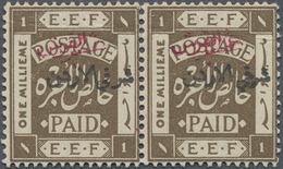 * Jordanien: 1922, 1/10 P. On 1 M. Sepia Pair With Red Handstamp And Normal Black Overprint, Mint Never Hinged, Tiny Hor - Jordan