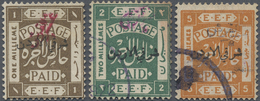 */O Jordanien: 1922, 1/10 P. On 1 M. Sepia Mint With Red Handstamp, 2/10 P. On 2 M. Blueishgreen Used With Violet Handst - Jordanie