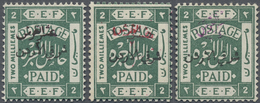 * Jordanien: 1922, 2/10 P. On 2 M. Green Three Stamps Showing Overprints In Black, Red And Violet, All Mint Hinged, Fine - Jordanie