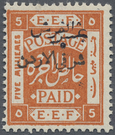* Jordanien: 1922, 5/10 P. On 5 M. Orange Showing Overprint In Black, Fine Mint Hinged, Michel Catalogue Value 400,- Eur - Giordania