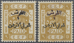 * Jordanien: 1922, 9 P. On 9 P. Oliveyellow Two Stamps Showing Black And Violet Overprint, Both Mint Hinged, Fine Pair, - Jordanie