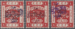 * Jordanien: 1922, 4 M. Red Three Stamps Showing Overprints In Black, Red And Violet, All Mint Hinged, Fine, Michel Cata - Jordan