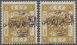 * Jordanien: 1922, 9 P. Olive Yellow Two Stamps Showing Overprints In Red And Violet, Both Mint Hinged, Fine, Michel Cat - Jordan