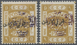 * Jordanien: 1922, 9 P. Olive Yellow Two Stamps Showing Overprints In Red And Violet, Both Mint Hinged, Fine, Michel Cat - Jordanie