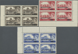 ** Katar / Qatar: 1957, QEII Definitives, 2r. On 2s.6d., 5r. On 5s. And 10r. On 10s., Three High Values, Type I, Margina - Qatar