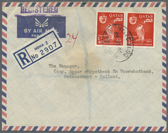 Br Katar / Qatar: 1966. Registered Air Mail Envelope Addressed To The Netherlands Bearing SG 31, 40 N.p. Red (pair) Tied - Qatar