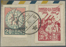 Korea-Nord: 1954, PA 6th Anniversary 10 W. Red Imperforated With 1953 4th World Youth Games 20 W. Imperf. Tied "54.5.5" - Korea, North