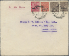 Br Kuwait: 1938. Air Mail Envelope Addressed To England Bearing SG 17, 1a Brown (2), SG 19b, 2a Vermilion And SG 21, 1a - Kuwait