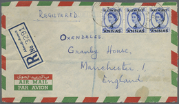 Br Kuwait: 1954. Registered Air Mail Envelope Addressed To Manchester Bearing SG 99, 4a On 4d Ultramarine (strip Of Thre - Koweït