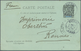 GA Laos: 1905, Used Indochina Postal Stationery Double Card (1892 Issue) From BASSAC, LAOS To Rennes, France Cancelled B - Laos