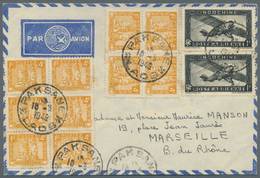 Br Laos: 1949. Air Mail Envelope (upper Flap Missing) Addressed To France Bearing Indo-China SG 174, 4c Yellow (block Of - Laos