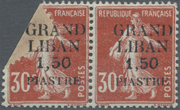 **/* Libanon: 1924, 1.50pi. On 30c. Red, Horiz. Pair, Left Stamp With Foldover Of Upper Left Corner Resulting To A Parti - Lebanon
