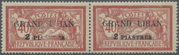 * Libanon: 1924, 2pi. On 40c. Red/blue, Horiz. Pair, Left Stamp With Partial Albino Printing Of Surcharge ("2PI...S" And - Libano